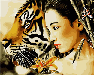 Dziewczyna z lilią i tygrysicą Obraz Do Malowania Po Numerach