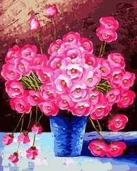 Różowe kwiaty w niebieskim wazonie Malowanie Po Numerach