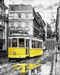 Żółty tramwaj na deszczowej ulicy Malowanie po Numerach