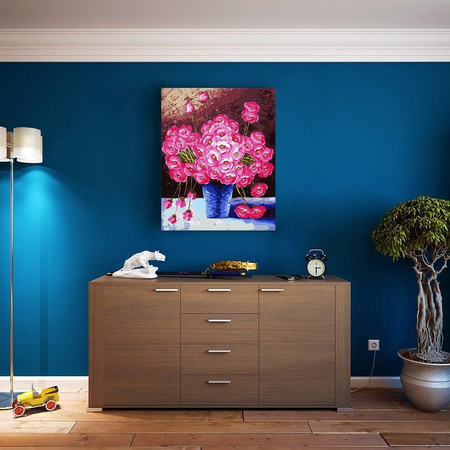 Różowe kwiaty w niebieskim wazonie Malowanie Po Numerach