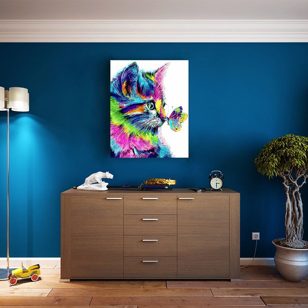 Tęczowy Kot z Motylem 40x50 cm Malowanie Po Numerach