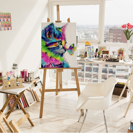 Tęczowy Kot z Motylem 40x50 cm Malowanie Po Numerach