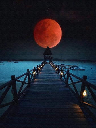 Mozaika Diamentowa 5D Bez Ramy Widok Na Morze I Czerwony Księżyc 30x40 Haft Diamentowy