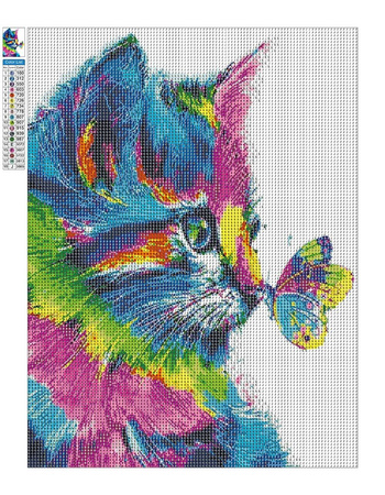 Mozaika Diamentowa 5D Bez Ramy Tęczowy Kot Z Motylem 30x40 Haft Diamentowy