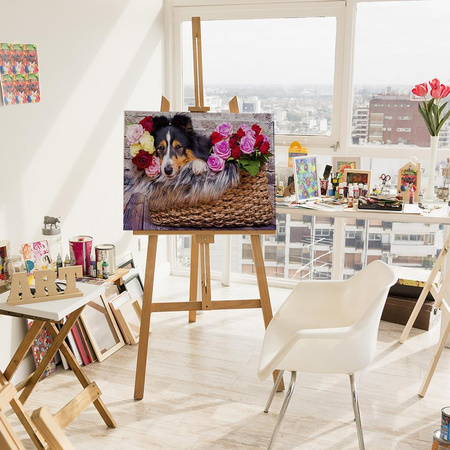 Piesek w koszyku z kwiatami 30x40cm Obraz Do Malowania Po Numerach